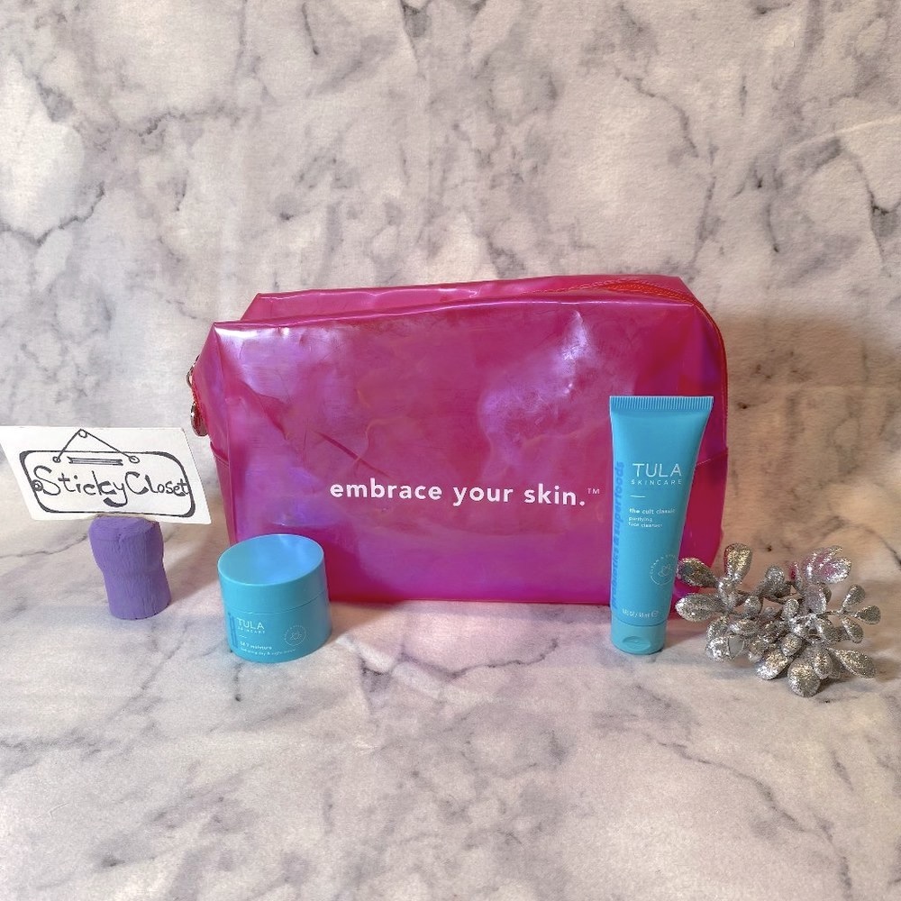 TULA Skincare Gift Set-Pink Pouch,Cleanser,24-7Hydrating Day&Night Cream-3pc-NEW